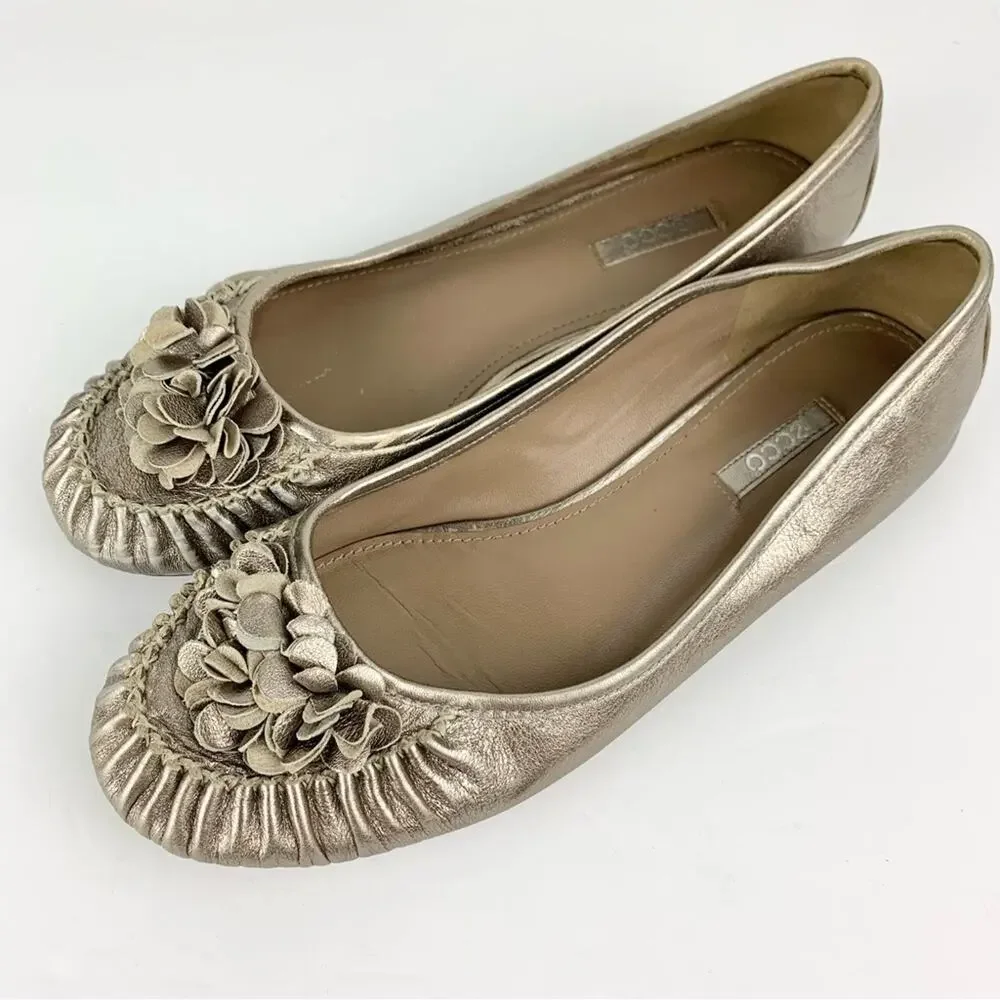 Ecco Metallic Silver Gold Leather Floral Ballet Slip On Flats 40